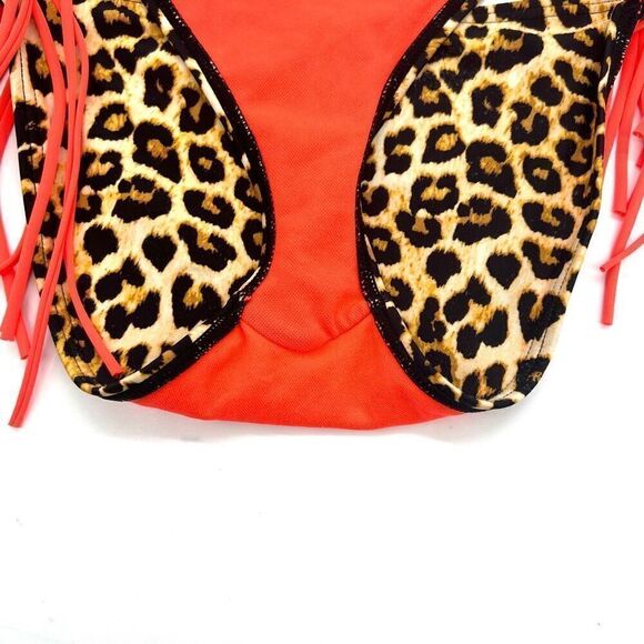 Bongo Bikini Bottom Size Small Leopard Print with Bright Orange Side Tassels - Picture 6 of 8